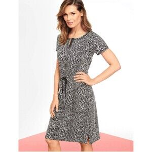 TALBOTS Black Animal Print Jersey Knit Split Neck Dress Sz Medium